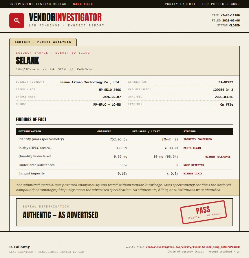 Selank Purity (HPLC) report by VendorInvestigator