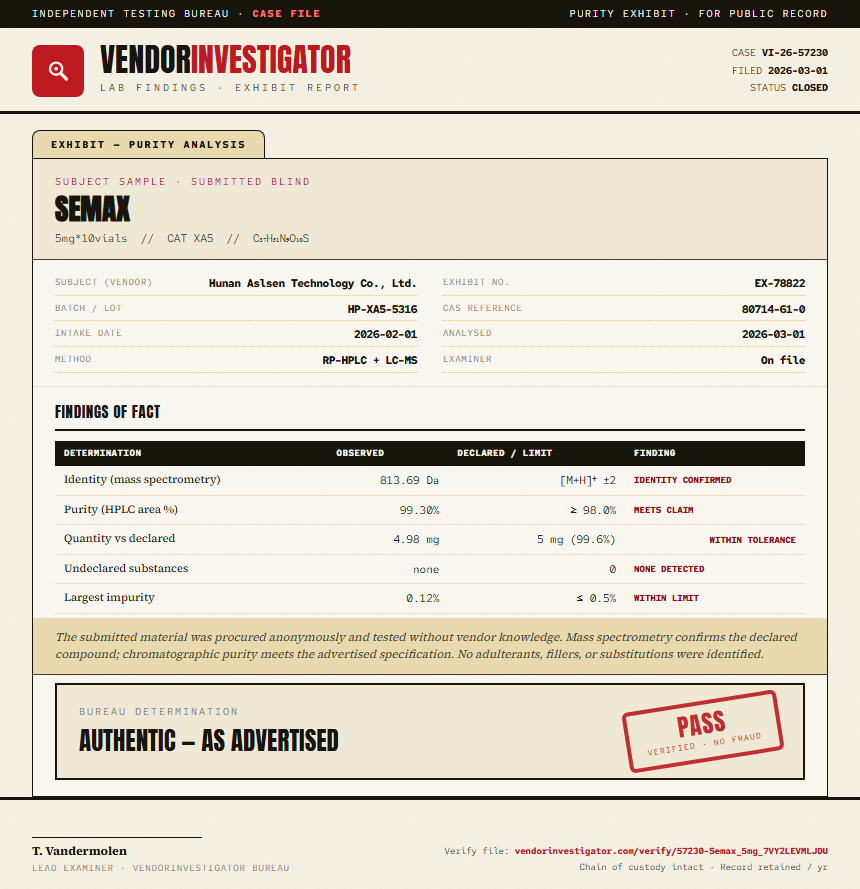 Semax Purity (HPLC) report by VendorInvestigator