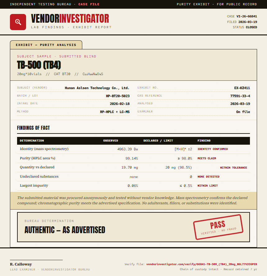 TB-500 (TB4) Purity (HPLC) report by VendorInvestigator