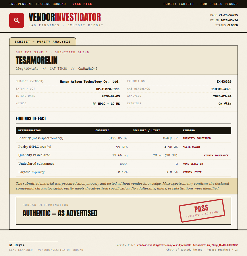 Tesamorelin Purity (HPLC) report by VendorInvestigator
