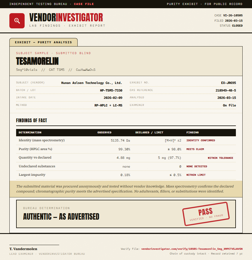 Tesamorelin Purity (HPLC) report by VendorInvestigator