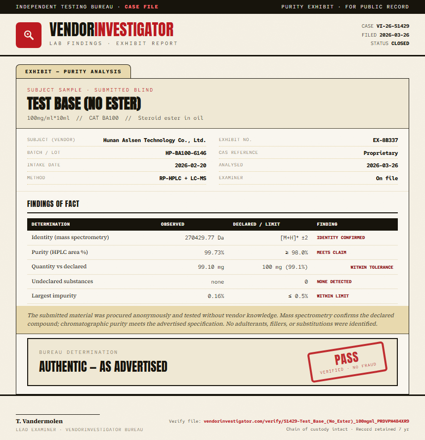Test Base (No Ester) Purity (HPLC) report by VendorInvestigator
