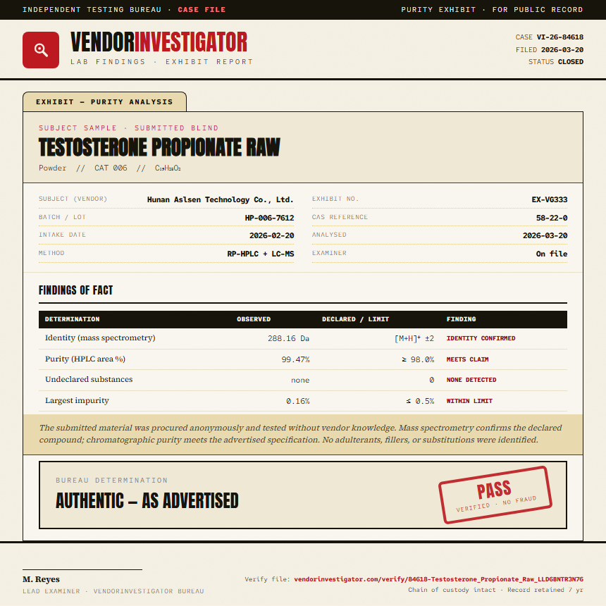 Testosterone Propionate Raw Purity (HPLC) report by VendorInvestigator