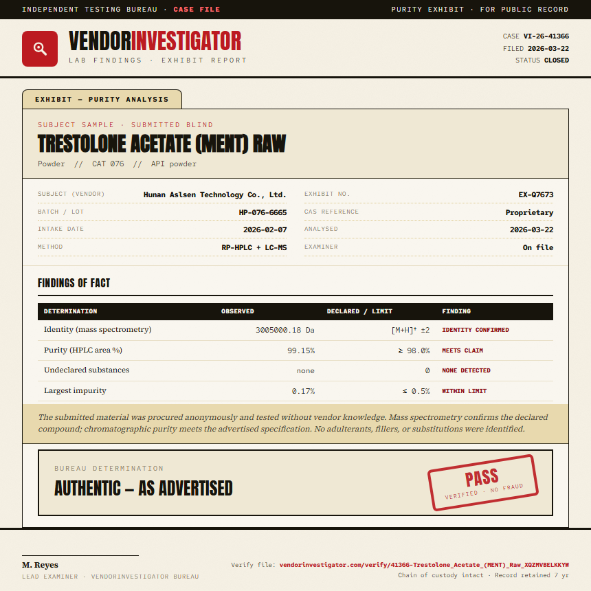 Trestolone Acetate (MENT) Raw Purity (HPLC) report by VendorInvestigator