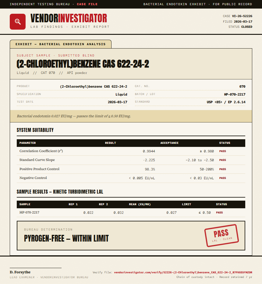 (2-Chloroethyl)benzene CAS 622-24-2 Endotoxin report by VendorInvestigator