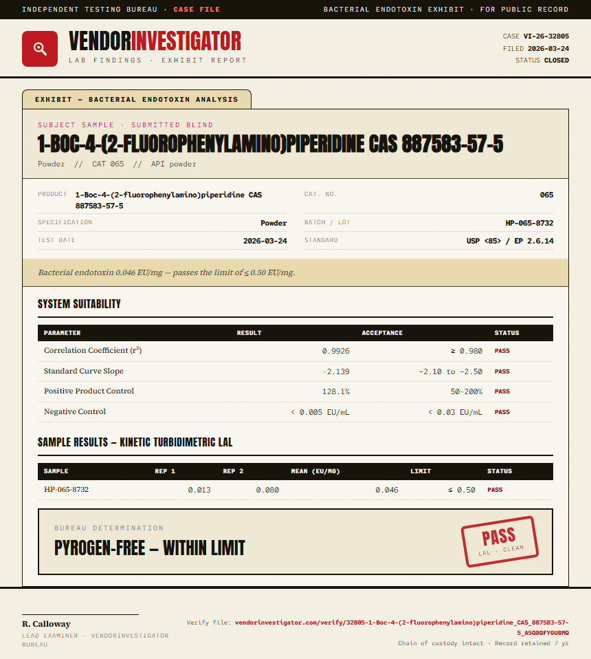 1-Boc-4-(2-fluorophenylamino)piperidine CAS 887583-57-5 Endotoxin report by VendorInvestigator
