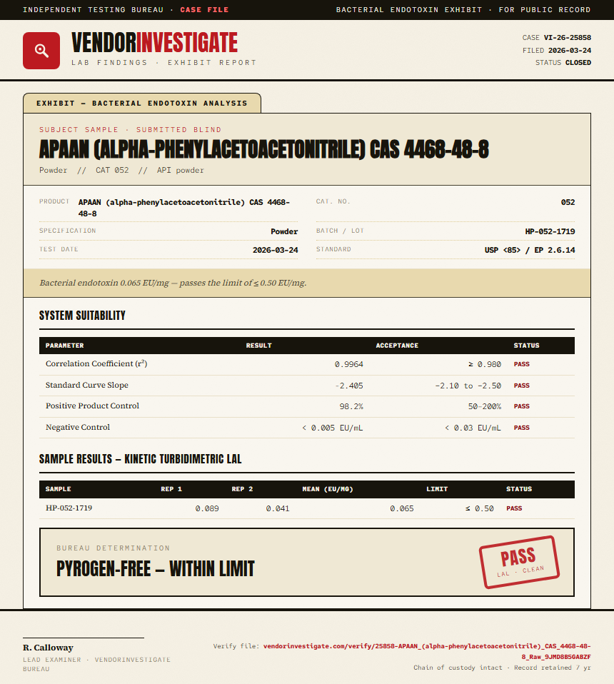 APAAN (alpha-phenylacetoacetonitrile) CAS 4468-48-8 Endotoxin report by VendorInvestigator