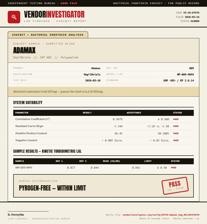 Adamax Endotoxin report by VendorInvestigator