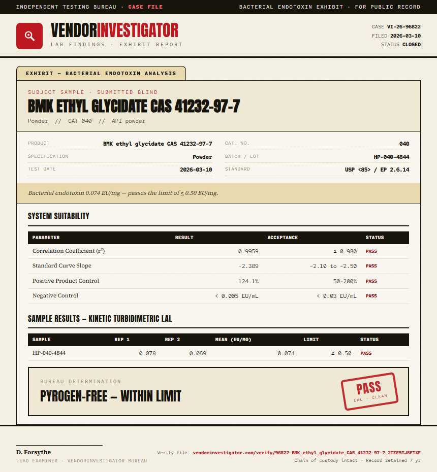BMK ethyl glycidate CAS 41232-97-7 Endotoxin report by VendorInvestigator