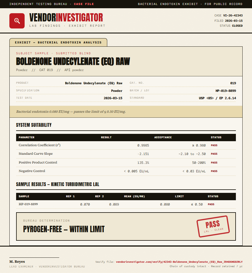Boldenone Undecylenate (EQ) Raw Endotoxin report by VendorInvestigator