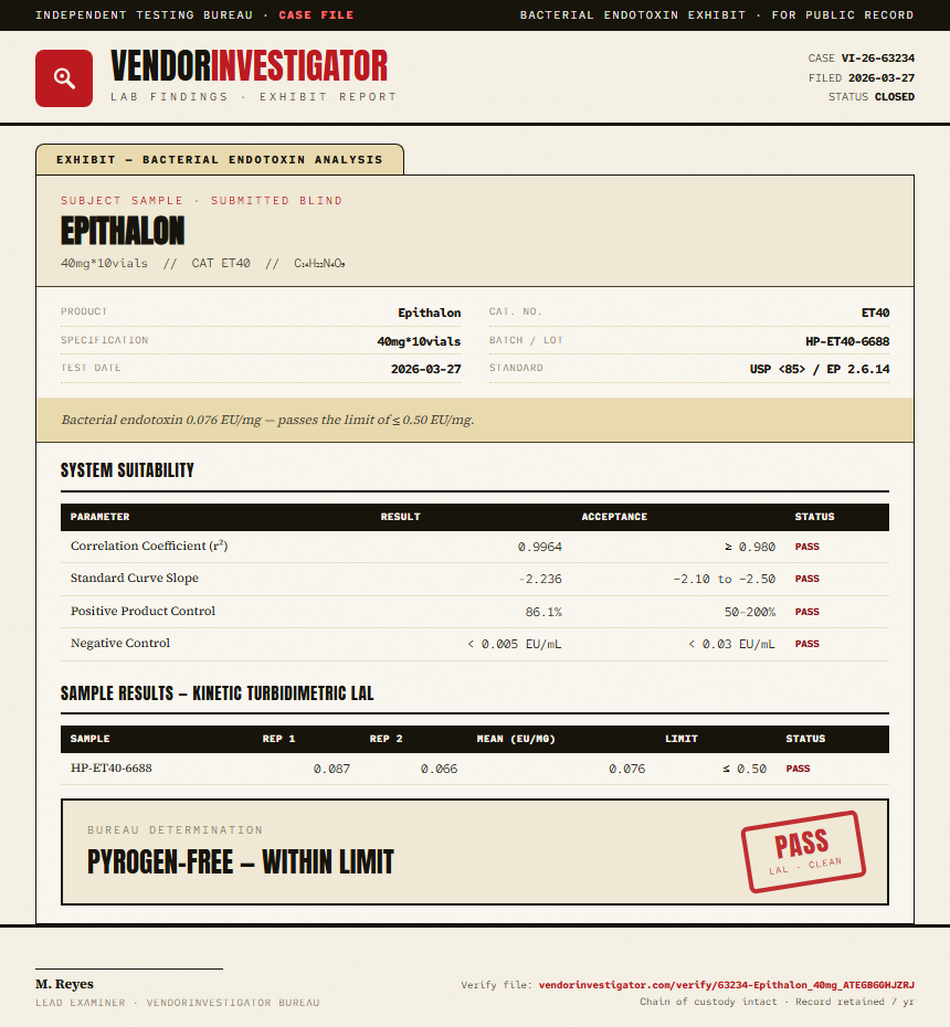 Epithalon Endotoxin report by VendorInvestigator