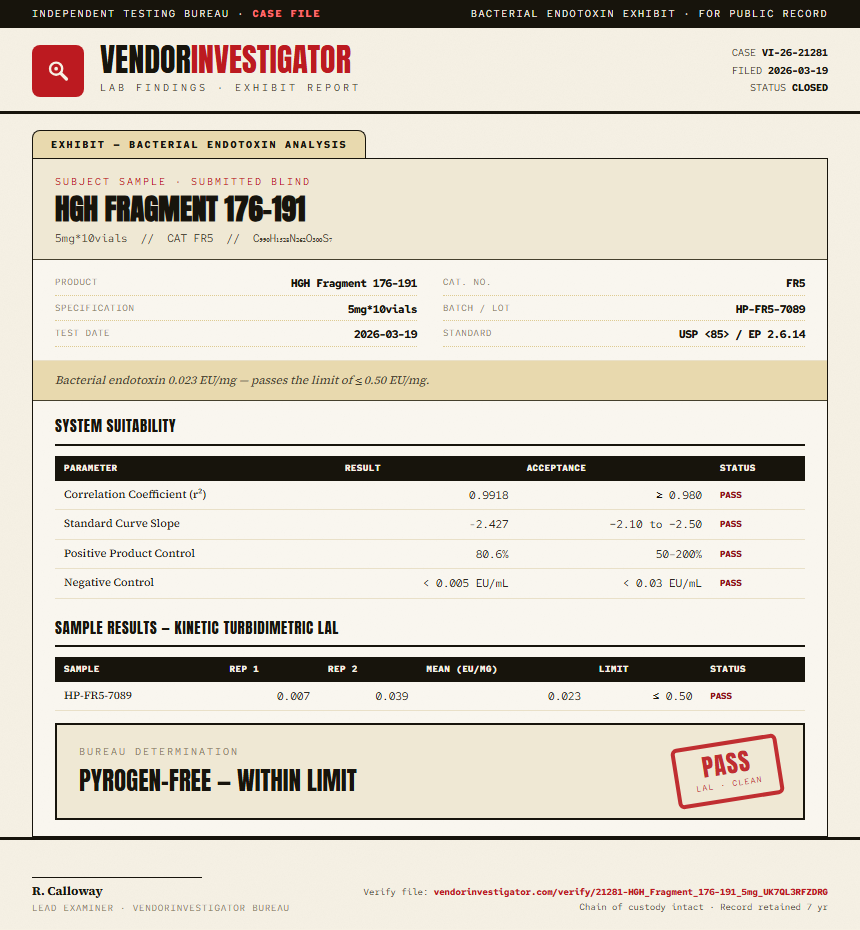 HGH Fragment 176-191 Endotoxin report by VendorInvestigator