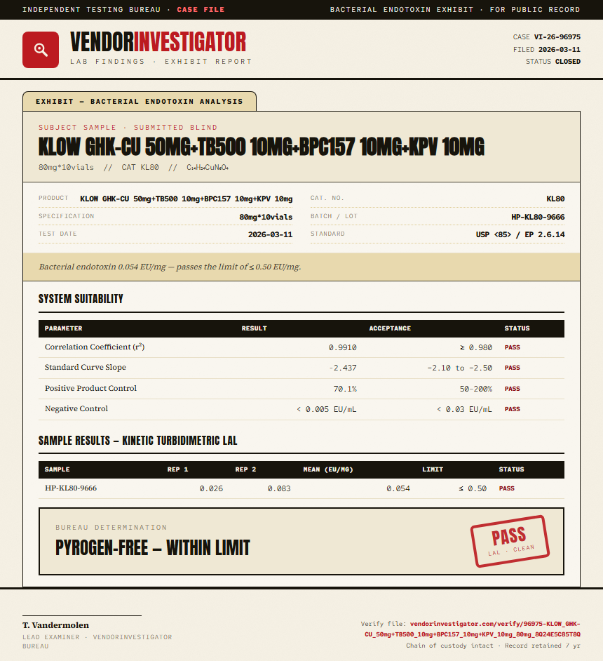KLOW GHK-CU 50mg+TB500 10mg+BPC157 10mg+KPV 10mg Endotoxin report by VendorInvestigator
