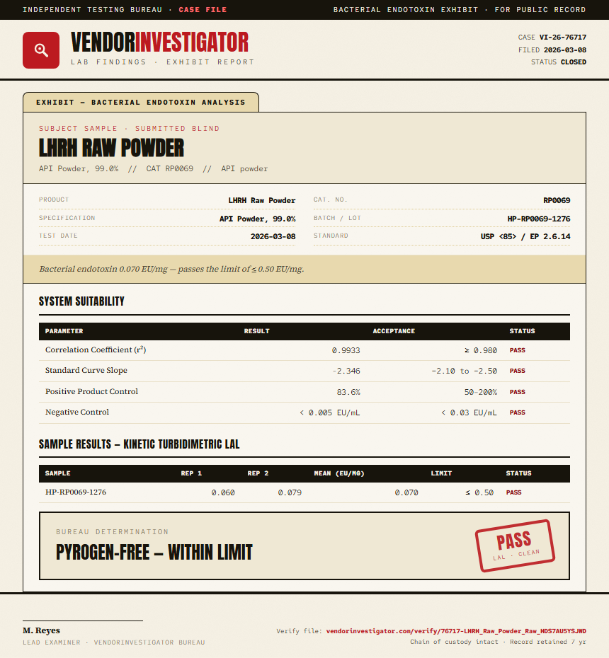 LHRH Raw Powder Endotoxin report by VendorInvestigator