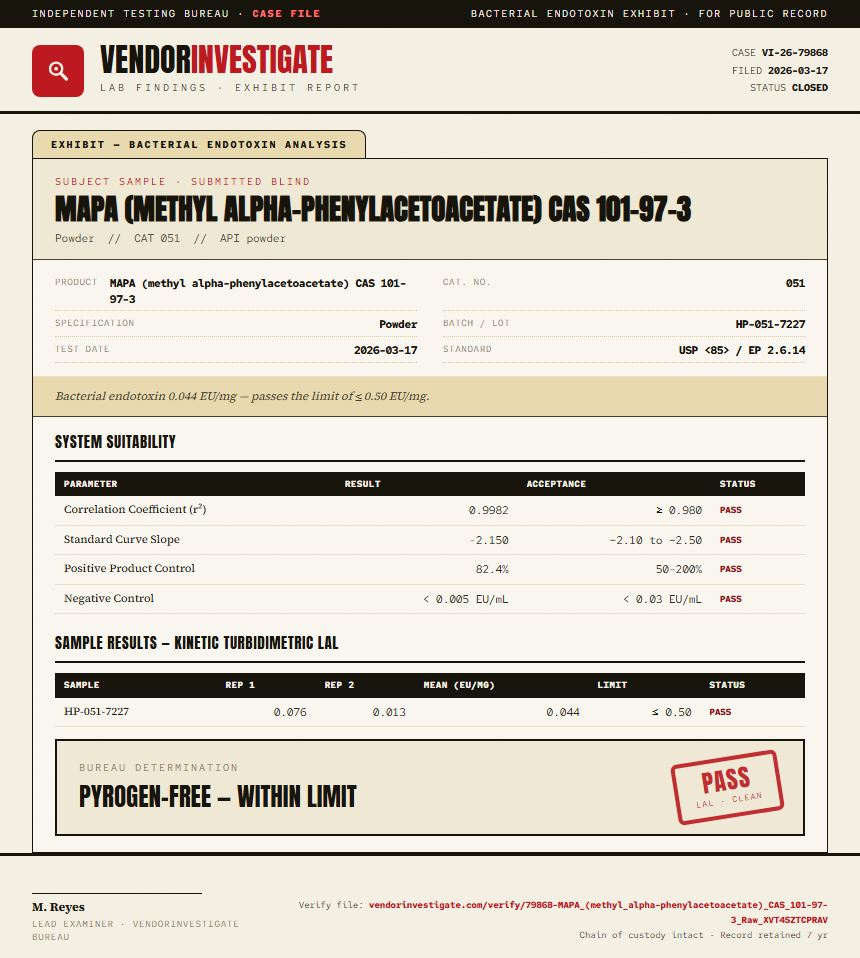 MAPA (methyl alpha-phenylacetoacetate) CAS 101-97-3 Endotoxin report by VendorInvestigator