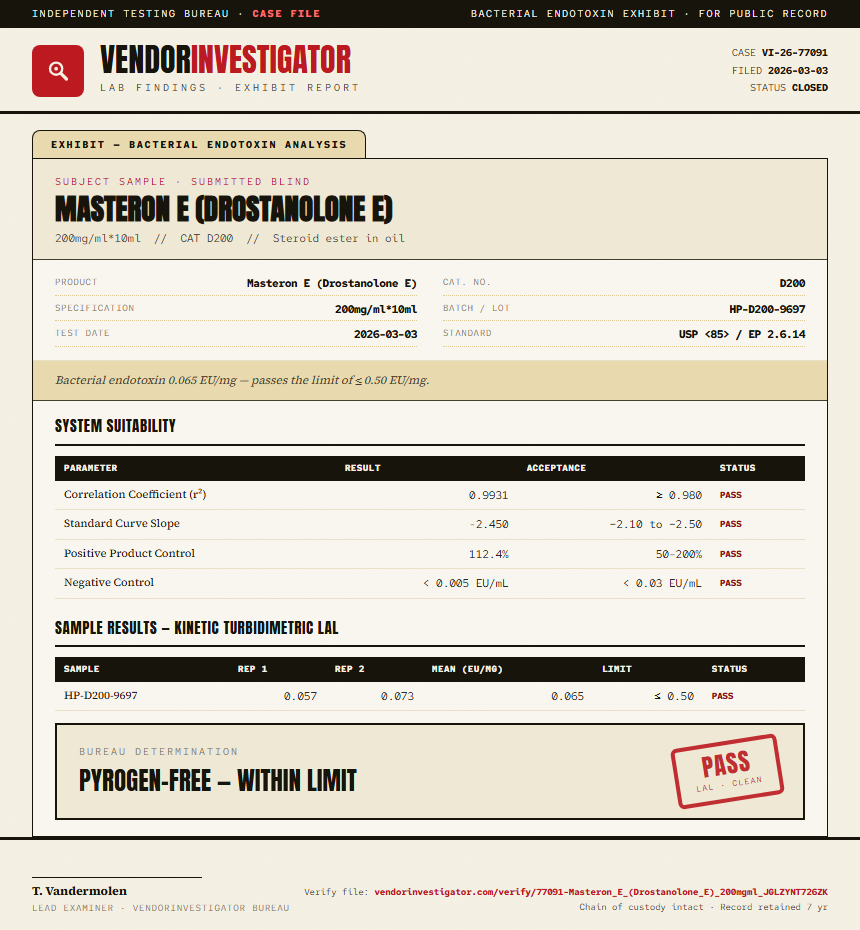 Masteron E (Drostanolone E) Endotoxin report by VendorInvestigator