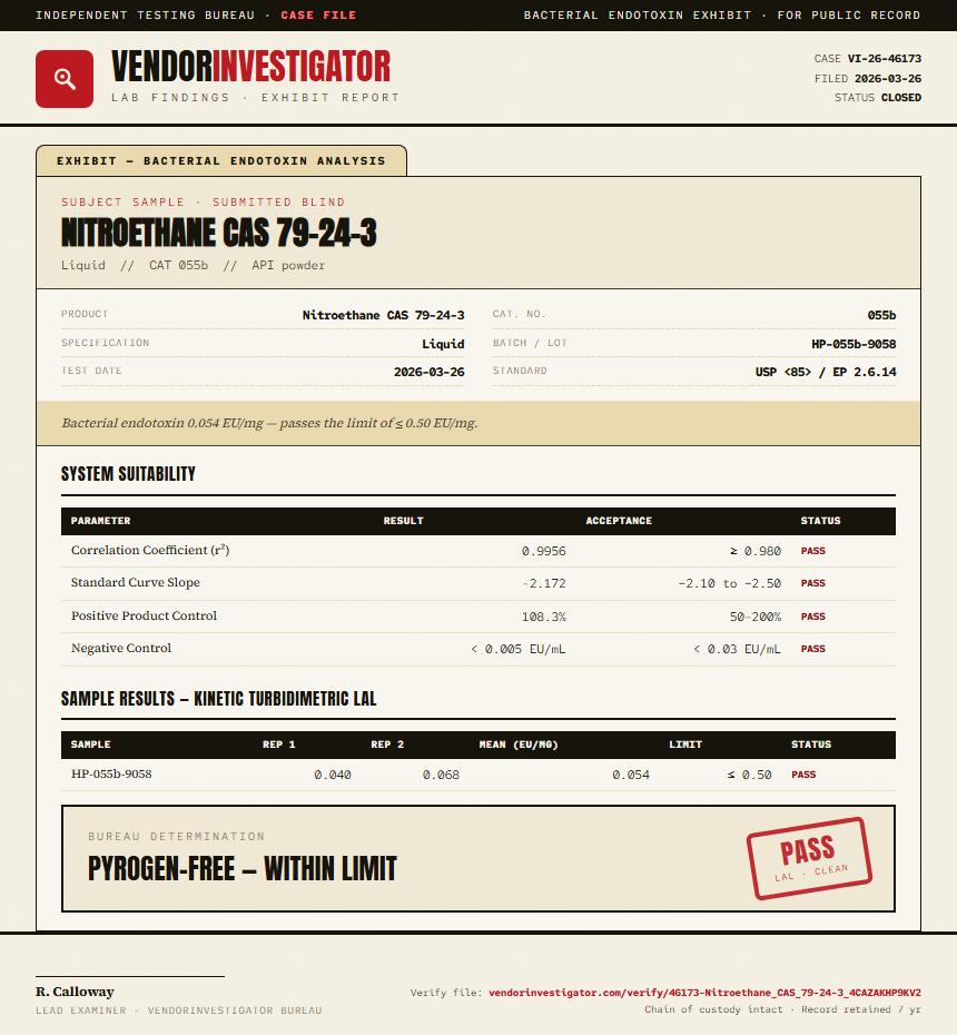 Nitroethane CAS 79-24-3 Endotoxin report by VendorInvestigator