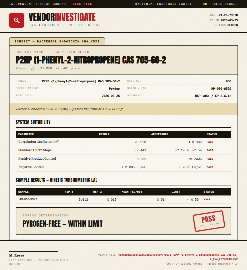 P2NP (1-phenyl-2-nitropropene) CAS 705-60-2 Endotoxin report by VendorInvestigator