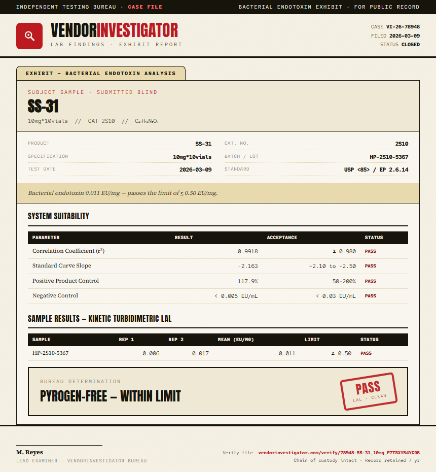 SS-31 Endotoxin report by VendorInvestigator