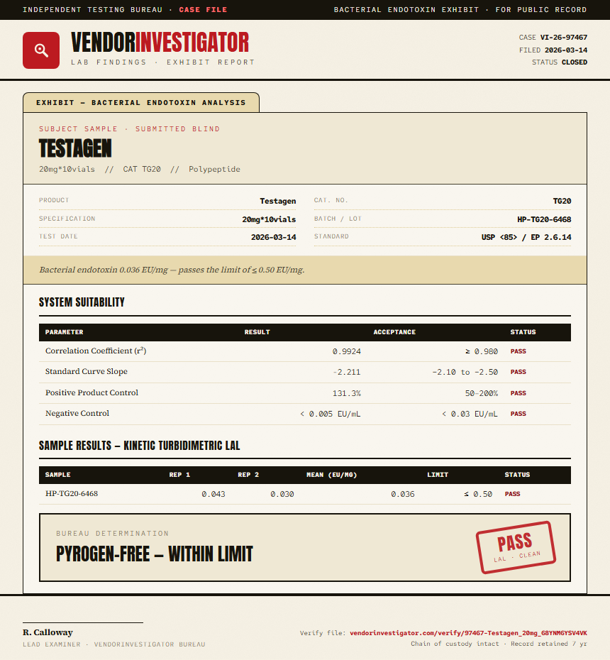 Testagen Endotoxin report by VendorInvestigator