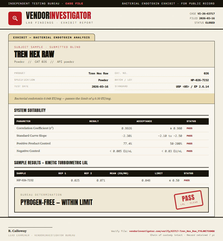 Tren Hex Raw Endotoxin report by VendorInvestigator