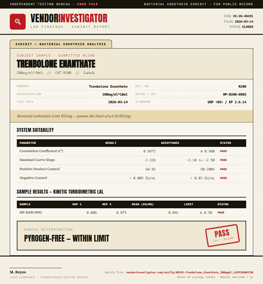 Trenbolone Enanthate Endotoxin report by VendorInvestigator