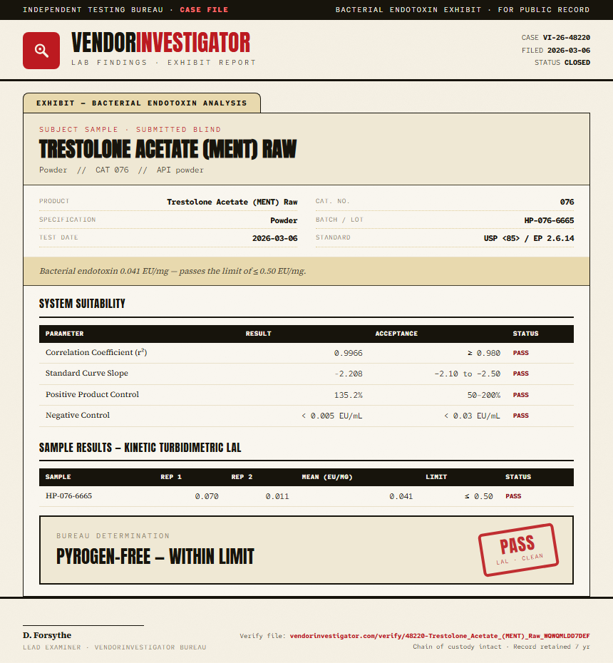 Trestolone Acetate (MENT) Raw Endotoxin report by VendorInvestigator
