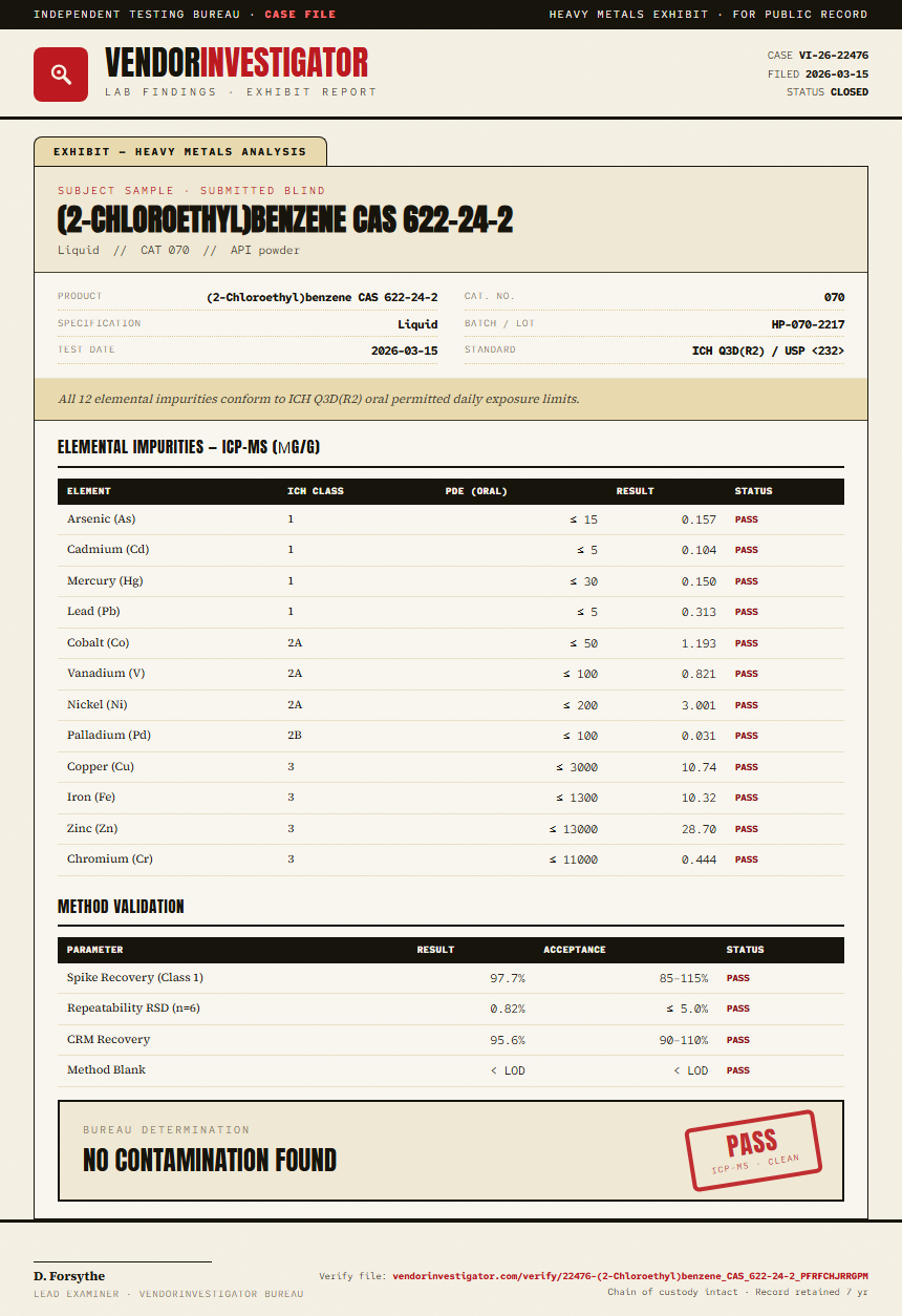 (2-Chloroethyl)benzene CAS 622-24-2 Heavy Metals report by VendorInvestigator