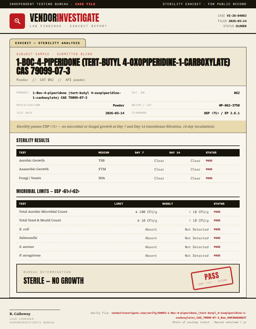 1-Boc-4-piperidone (tert-butyl 4-oxopiperidine-1-carboxylate) CAS 79099-07-3 Sterility report by VendorInvestigator