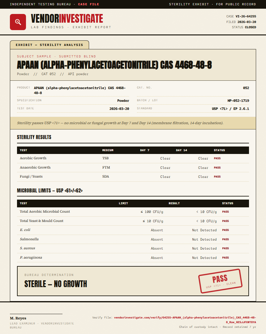APAAN (alpha-phenylacetoacetonitrile) CAS 4468-48-8 Sterility report by VendorInvestigator