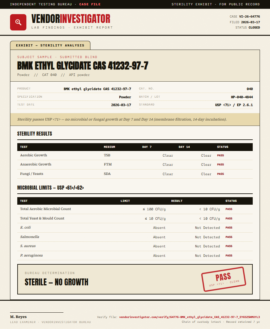 BMK ethyl glycidate CAS 41232-97-7 Sterility report by VendorInvestigator