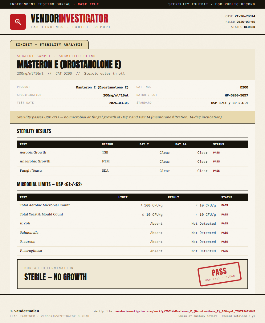 Masteron E (Drostanolone E) Sterility report by VendorInvestigator