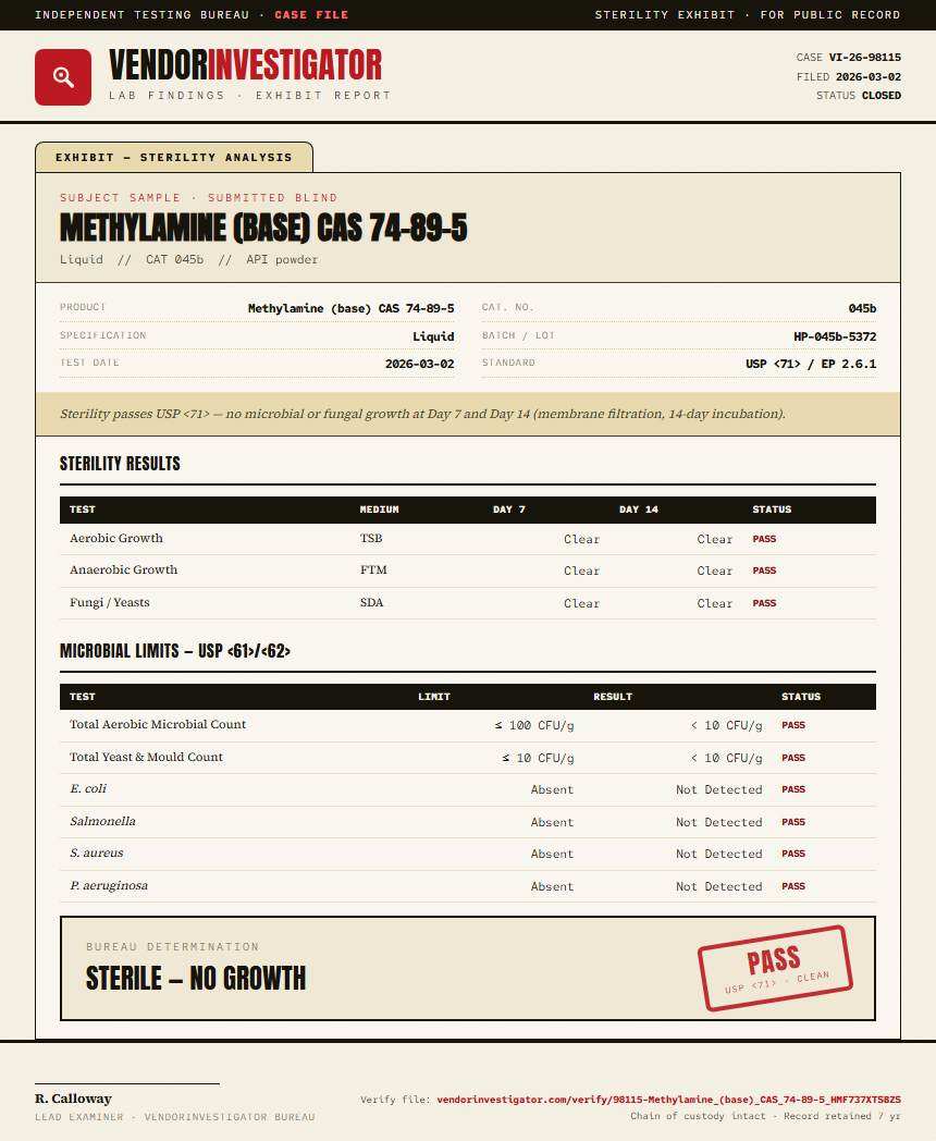 Methylamine (base) CAS 74-89-5 Sterility report by VendorInvestigator
