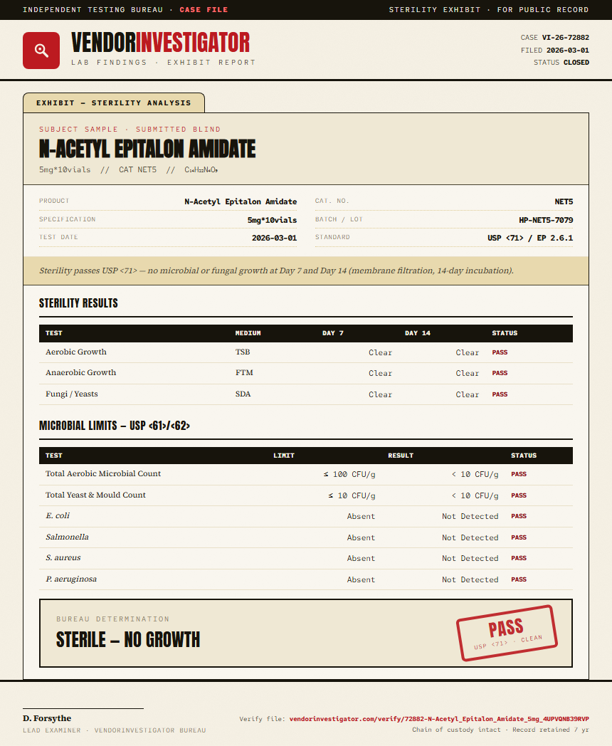 N-Acetyl Epitalon Amidate Sterility report by VendorInvestigator