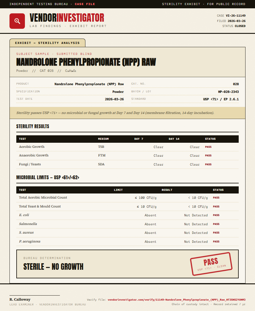 Nandrolone Phenylpropionate (NPP) Raw Sterility report by VendorInvestigator