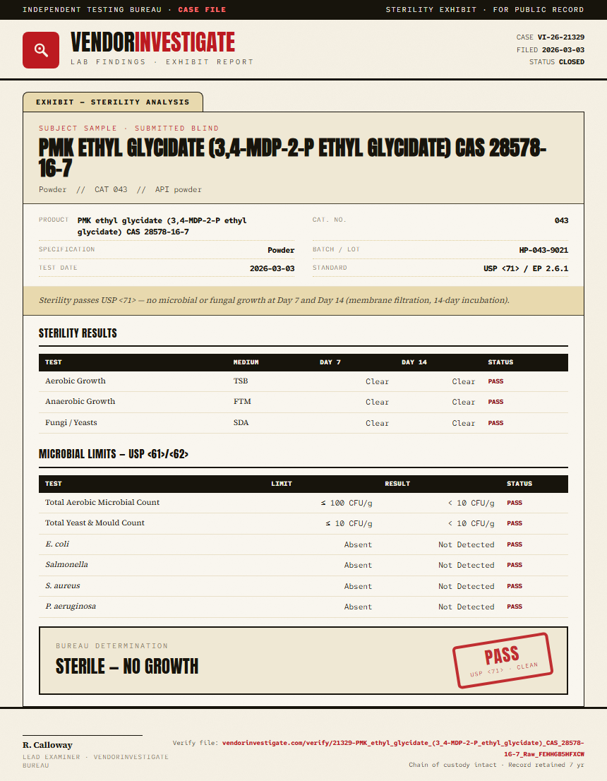 PMK ethyl glycidate (3,4-MDP-2-P ethyl glycidate) CAS 28578-16-7 Sterility report by VendorInvestigator