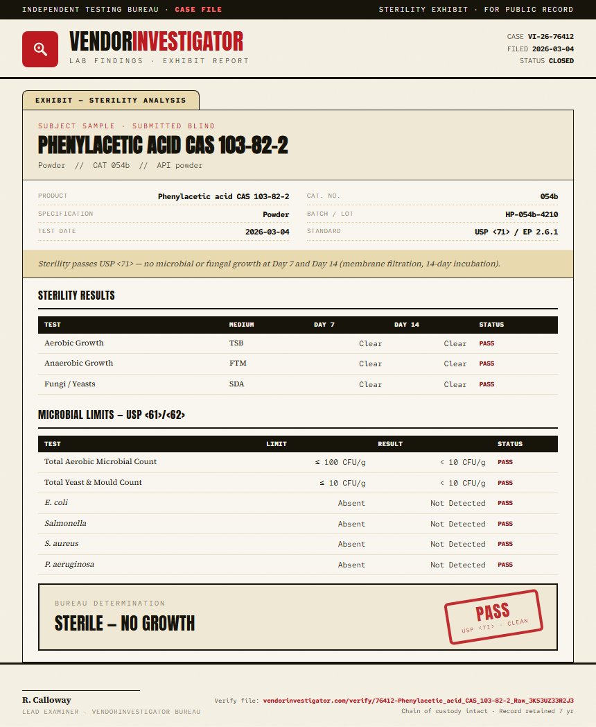 Phenylacetic acid CAS 103-82-2 Sterility report by VendorInvestigator