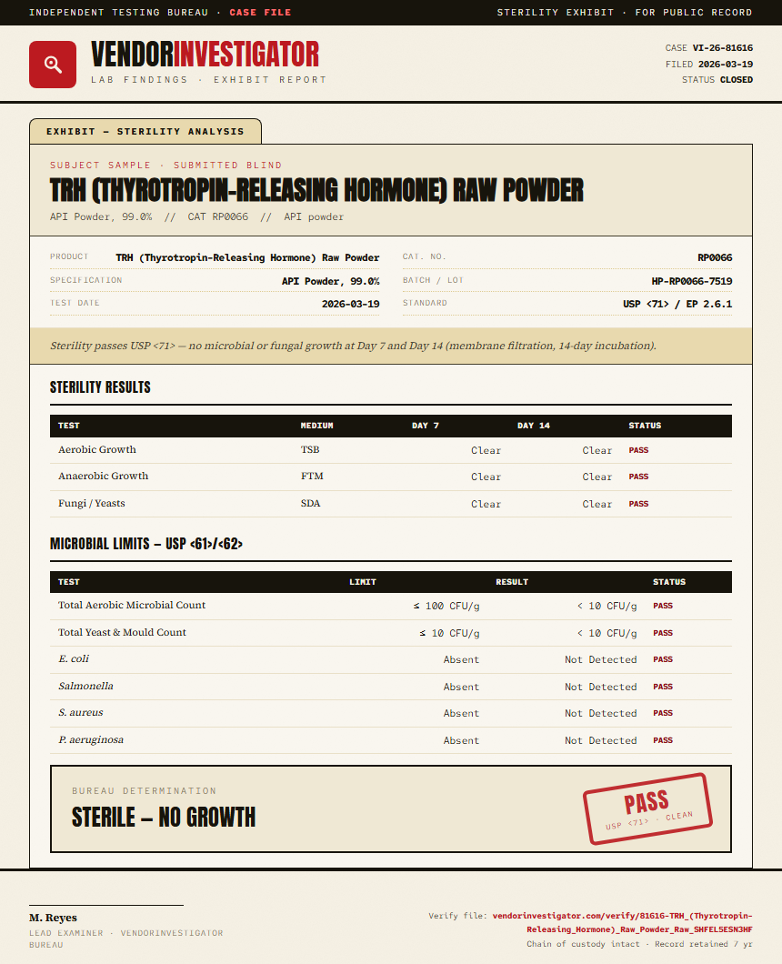 TRH (Thyrotropin-Releasing Hormone) Raw Powder Sterility report by VendorInvestigator
